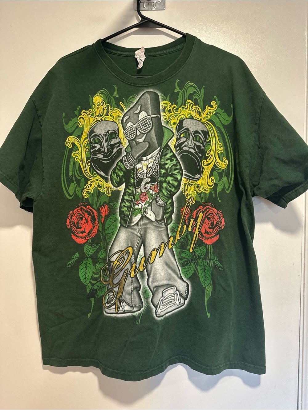 VTG Y2K hip-hop Gangster Gumby SzXL Delta green Spellout Bling Streetwear Tee.